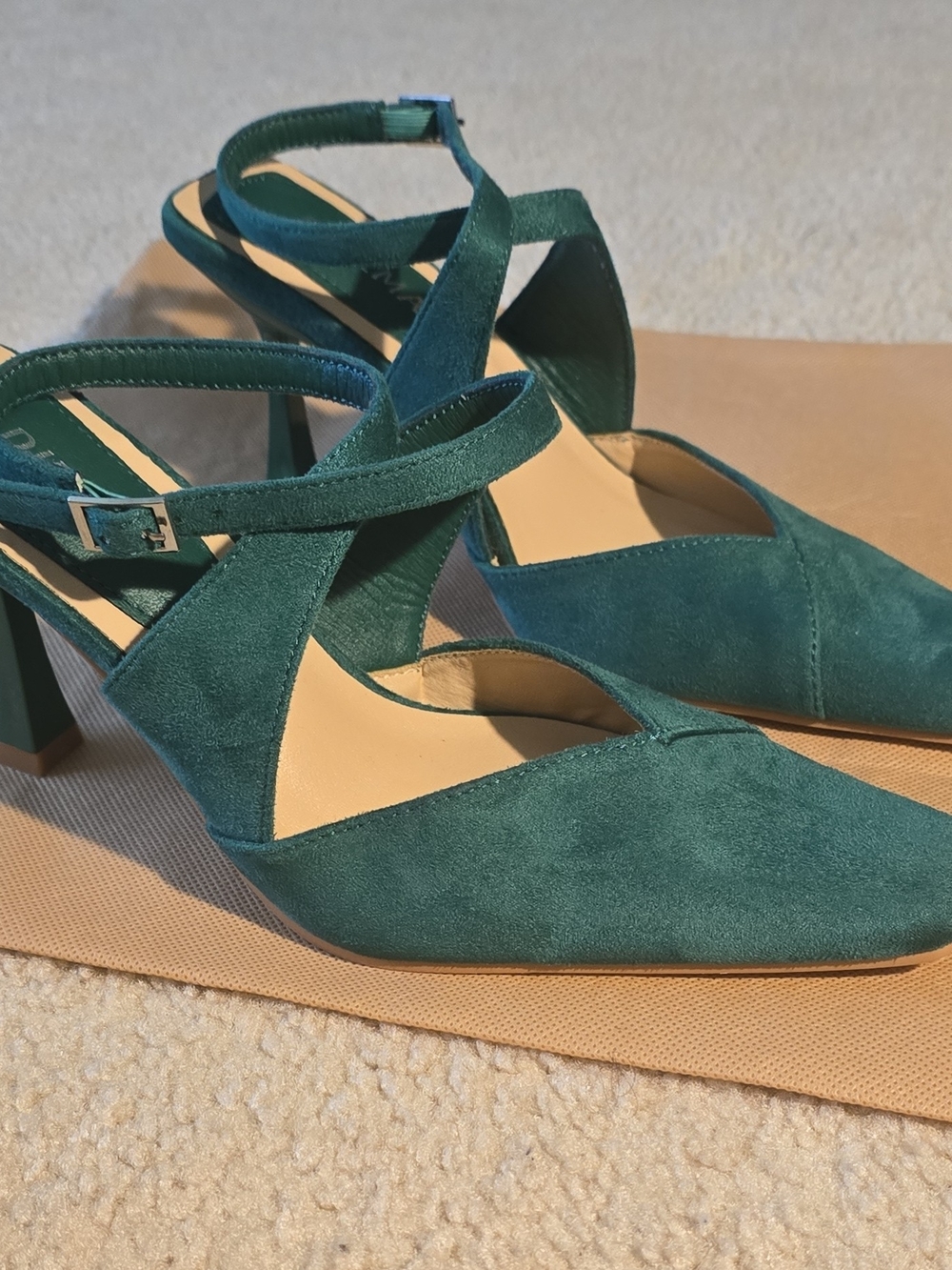Pointed Teal Suede Cross-Strap Block Heels